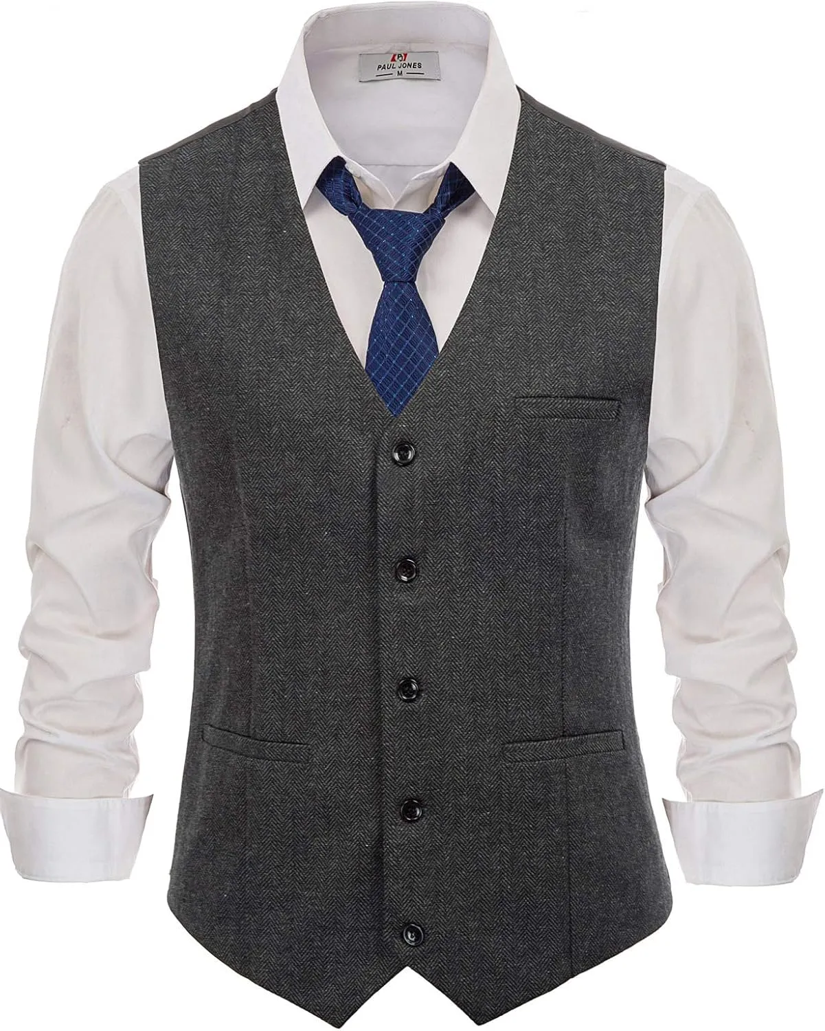 PJ PAUL JONES Men's Herringbone Tweed Suit Vest Casual Wool Blend Waistcoat