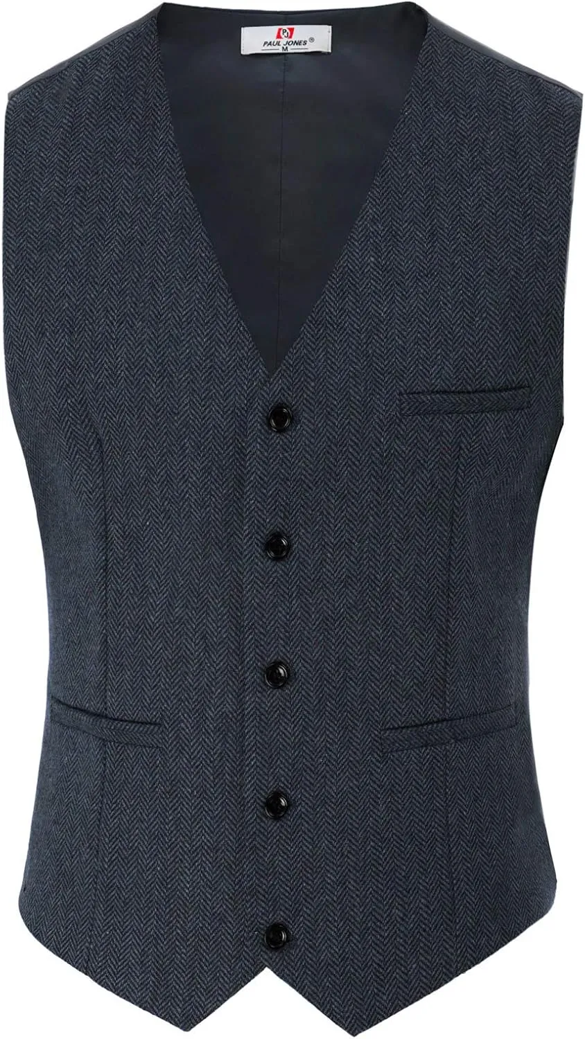PJ PAUL JONES Men's Herringbone Tweed Suit Vest Casual Wool Blend Waistcoat
