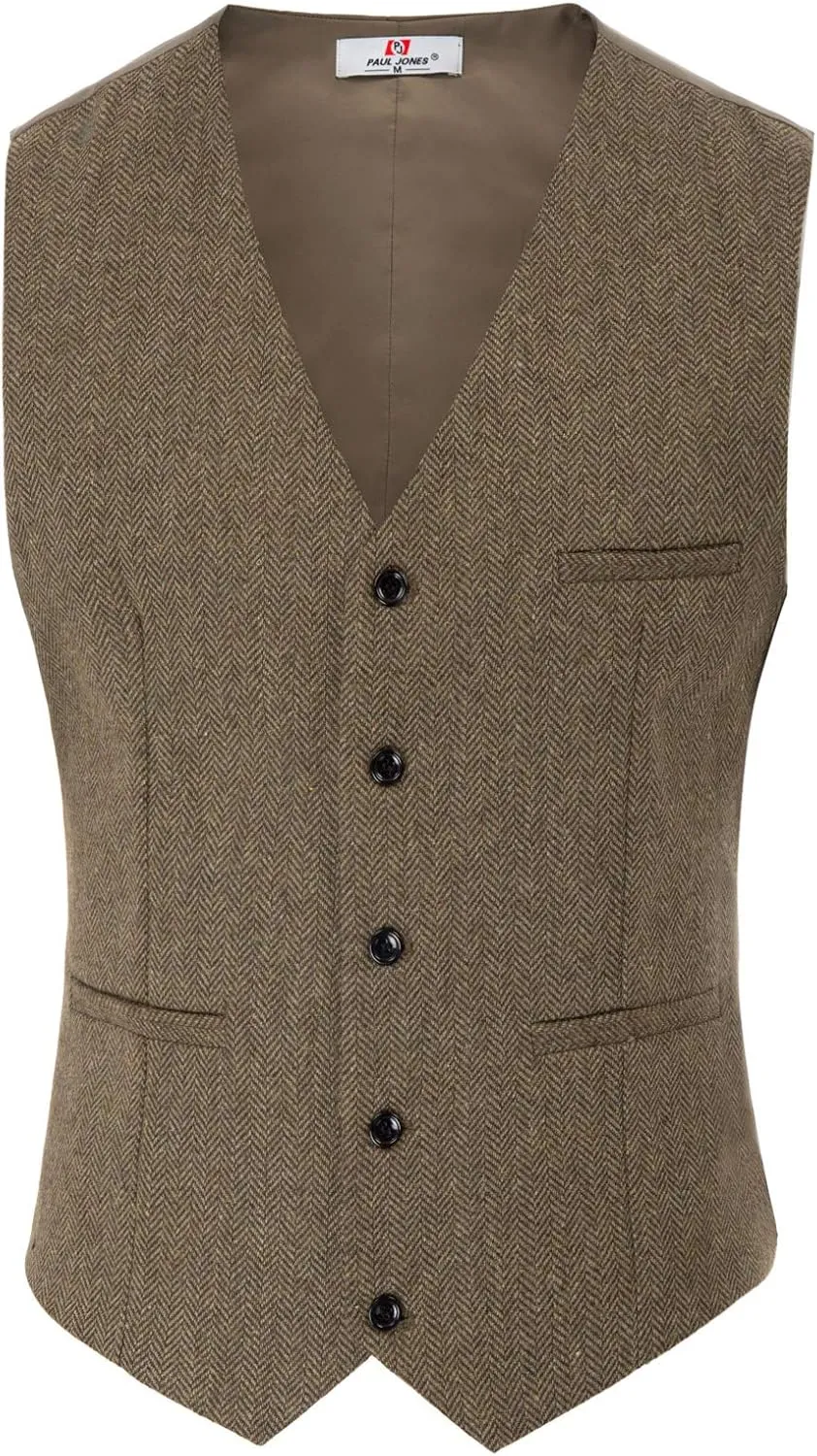PJ PAUL JONES Men's Herringbone Tweed Suit Vest Casual Wool Blend Waistcoat