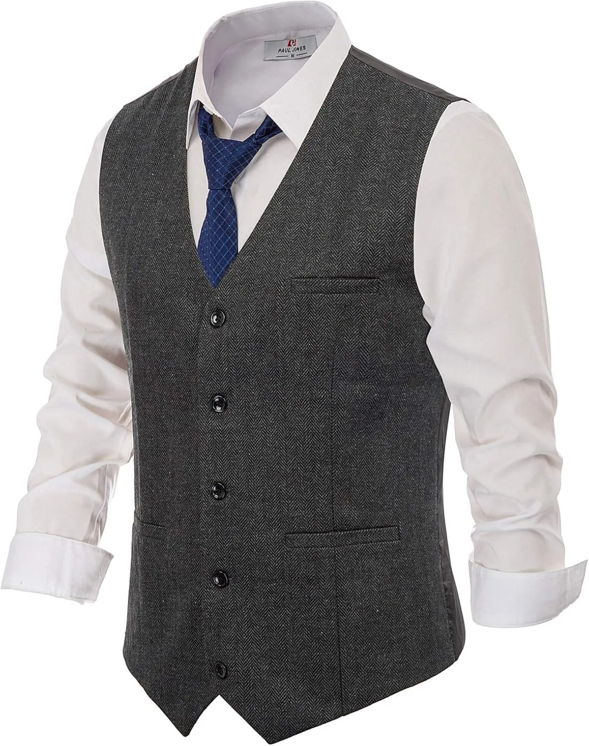 PJ PAUL JONES Men's Herringbone Tweed Suit Vest Casual Wool Blend Waistcoat
