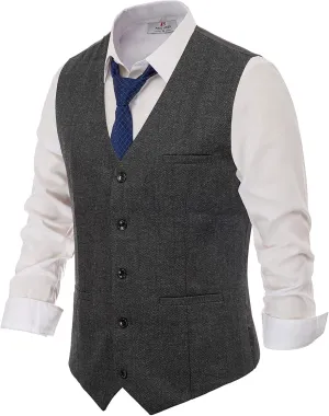 PJ PAUL JONES Men's Herringbone Tweed Suit Vest Casual Wool Blend Waistcoat