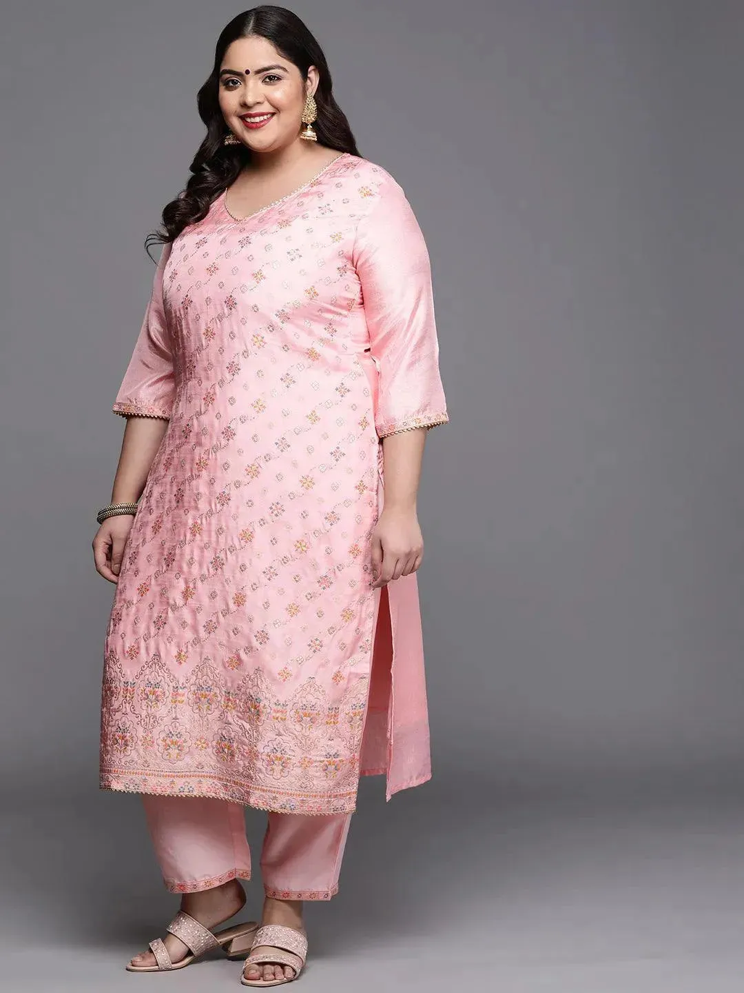 Plus Size Pink Woven Design Silk Blend Straight Kurta With Dupatta