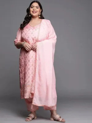 Plus Size Pink Woven Design Silk Blend Straight Kurta With Dupatta