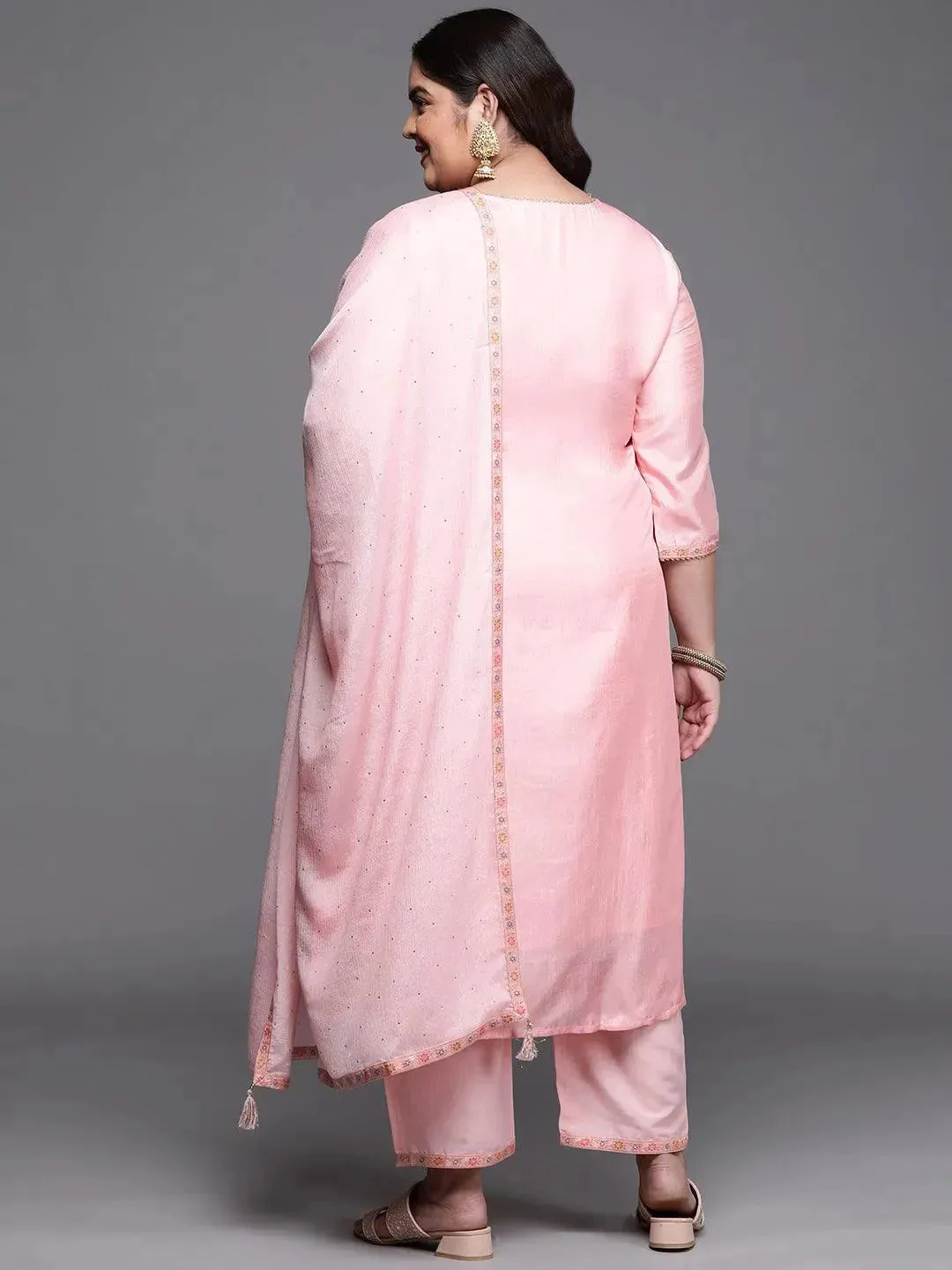 Plus Size Pink Woven Design Silk Blend Straight Kurta With Dupatta
