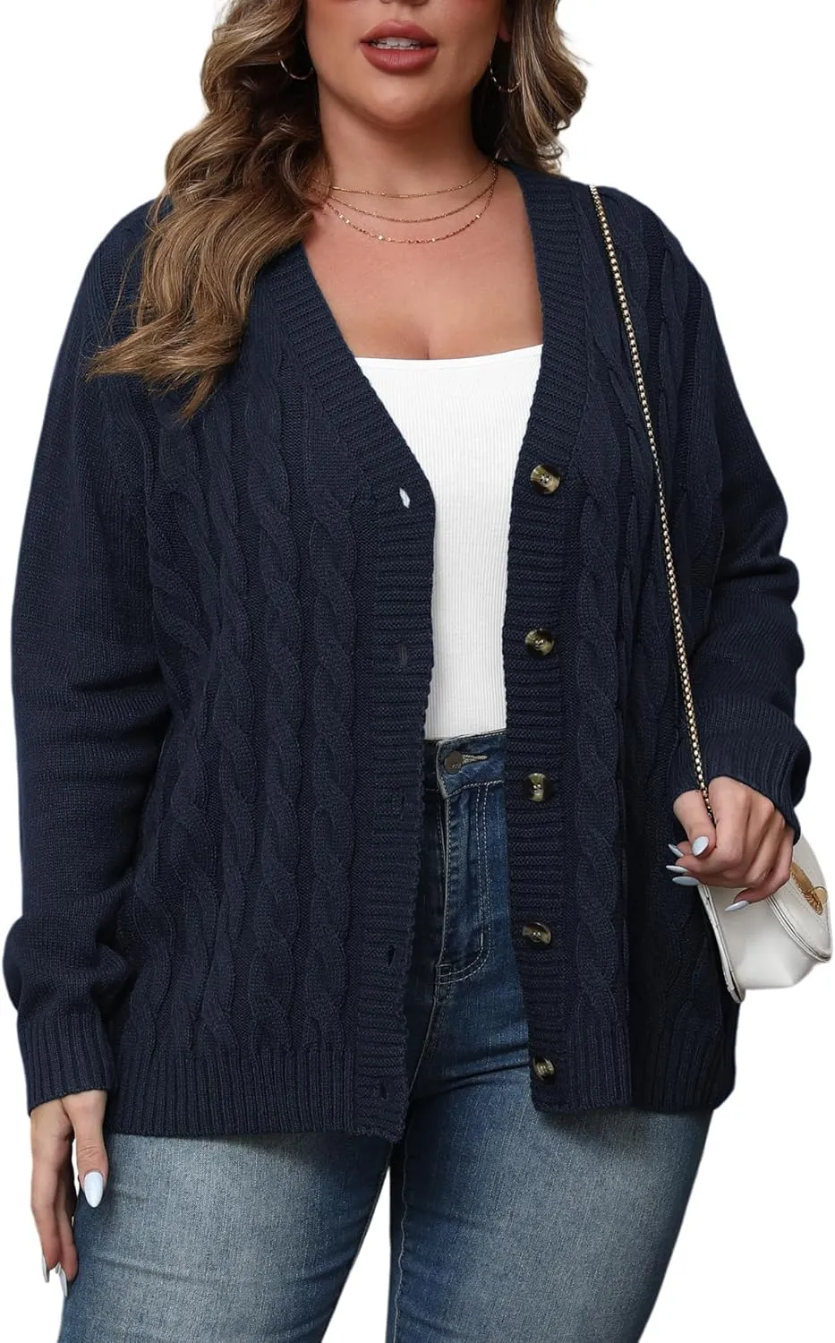 POSESHE Women's Plus Size Open Front Cardigan Sweaters Fashion Button Down Cable Knit Chunky Outwear Coats