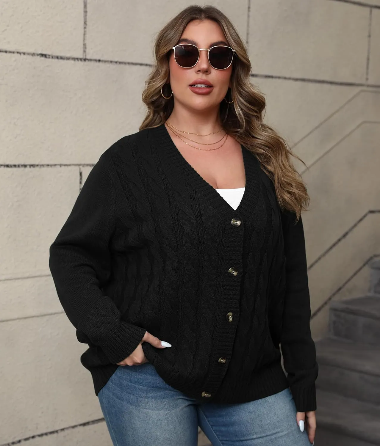 POSESHE Women's Plus Size Open Front Cardigan Sweaters Fashion Button Down Cable Knit Chunky Outwear Coats