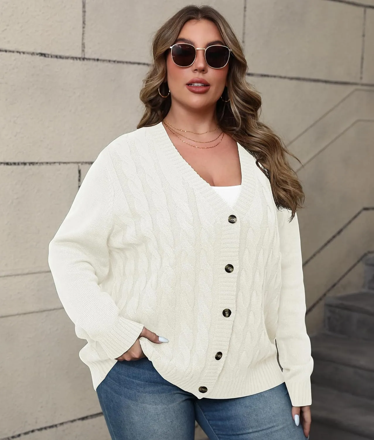 POSESHE Women's Plus Size Open Front Cardigan Sweaters Fashion Button Down Cable Knit Chunky Outwear Coats