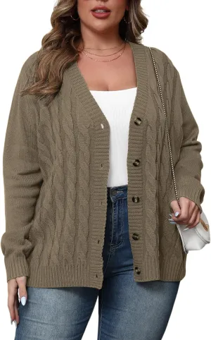 POSESHE Women's Plus Size Open Front Cardigan Sweaters Fashion Button Down Cable Knit Chunky Outwear Coats