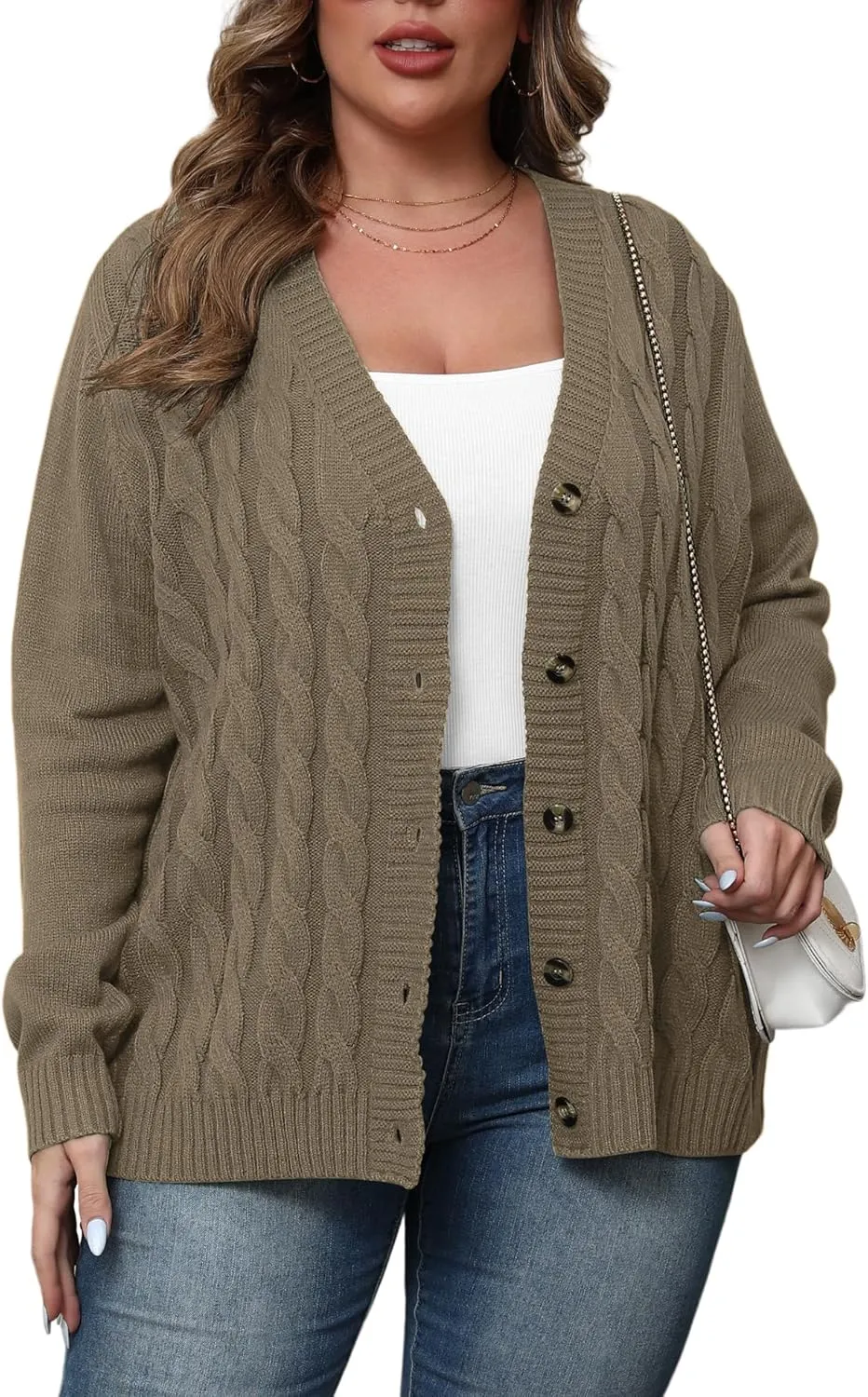 POSESHE Women's Plus Size Open Front Cardigan Sweaters Fashion Button Down Cable Knit Chunky Outwear Coats