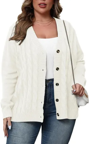 POSESHE Women's Plus Size Open Front Cardigan Sweaters Fashion Button Down Cable Knit Chunky Outwear Coats