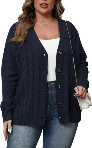 POSESHE Women's Plus Size Open Front Cardigan Sweaters Fashion Button Down Cable Knit Chunky Outwear Coats