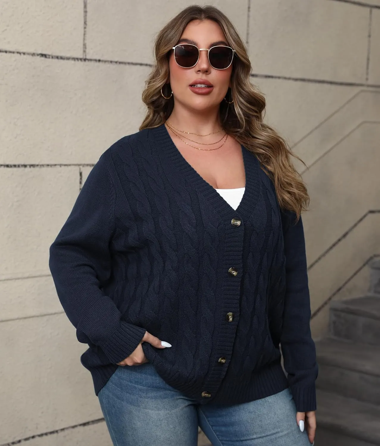 POSESHE Women's Plus Size Open Front Cardigan Sweaters Fashion Button Down Cable Knit Chunky Outwear Coats