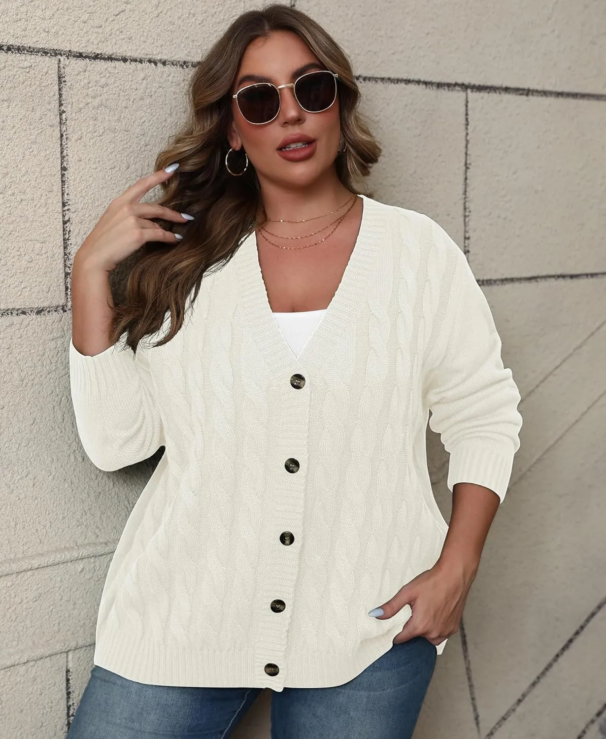 POSESHE Women's Plus Size Open Front Cardigan Sweaters Fashion Button Down Cable Knit Chunky Outwear Coats