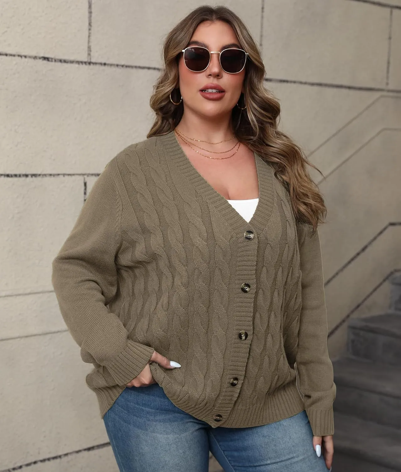 POSESHE Women's Plus Size Open Front Cardigan Sweaters Fashion Button Down Cable Knit Chunky Outwear Coats