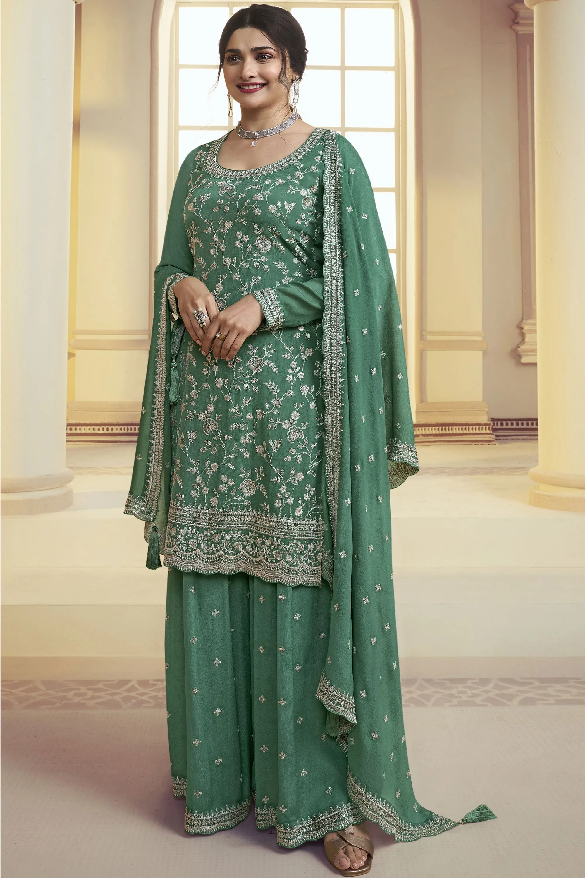 Prachi Desai Chinon Fabric Green Color Gorgeous Palazzo Suit