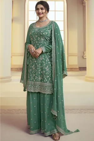 Prachi Desai Chinon Fabric Green Color Gorgeous Palazzo Suit