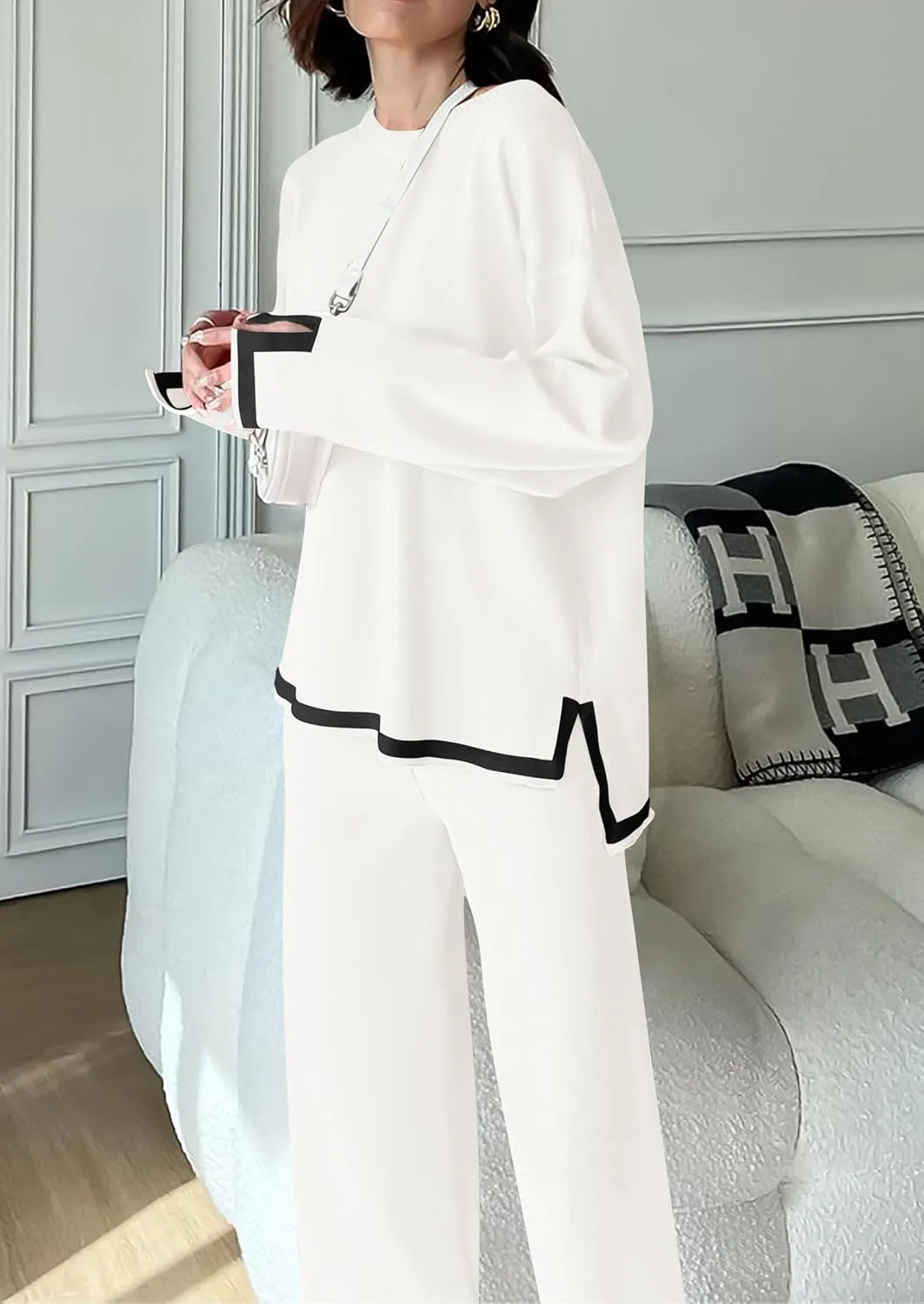 PRETTYGARDEN Women's 2 Piece Knit Sweater Set Casual Long Sleeve Pullover Wide Leg Pants Sweatsuit Tracksuit Outfit