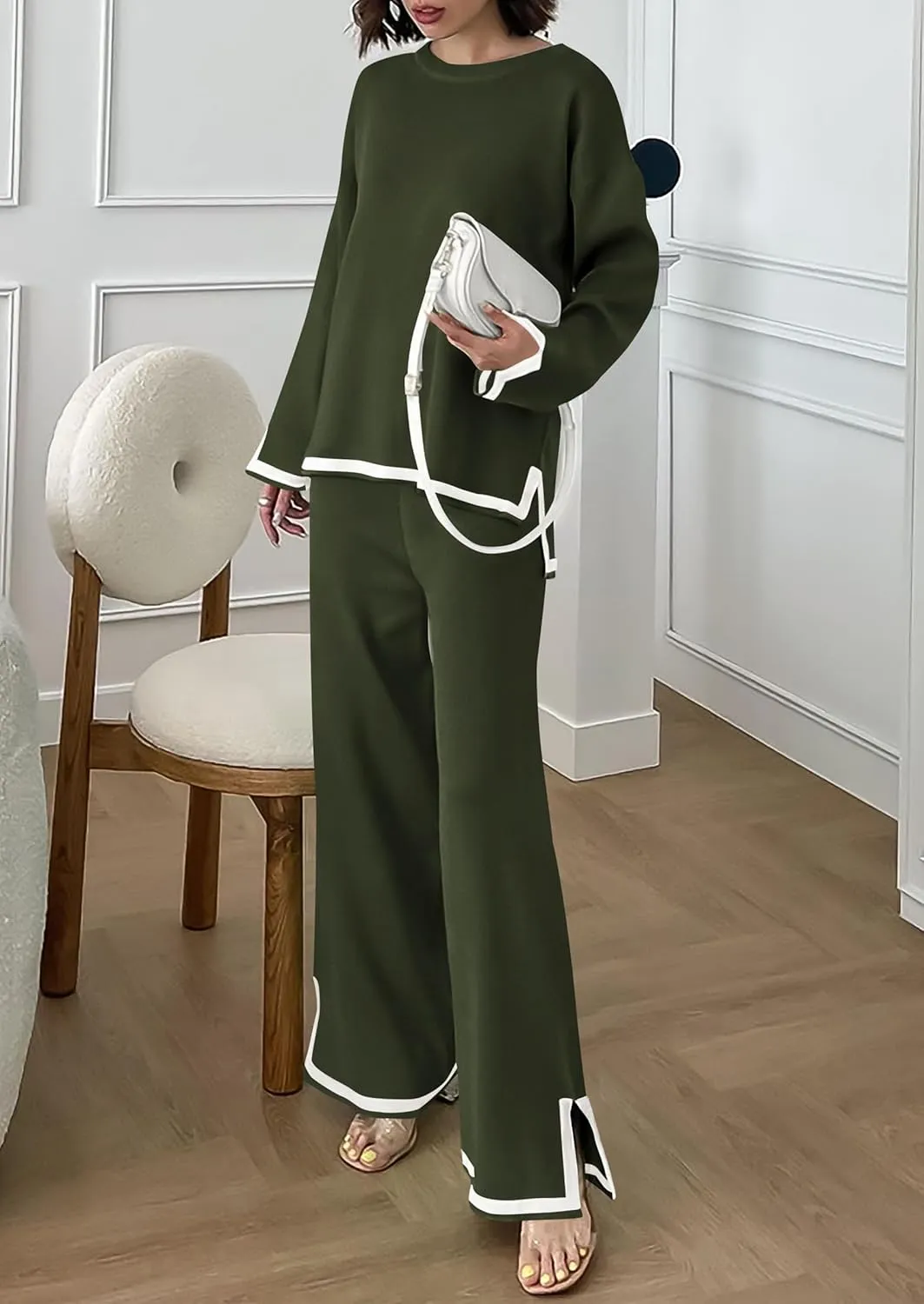 PRETTYGARDEN Women's 2 Piece Knit Sweater Set Casual Long Sleeve Pullover Wide Leg Pants Sweatsuit Tracksuit Outfit