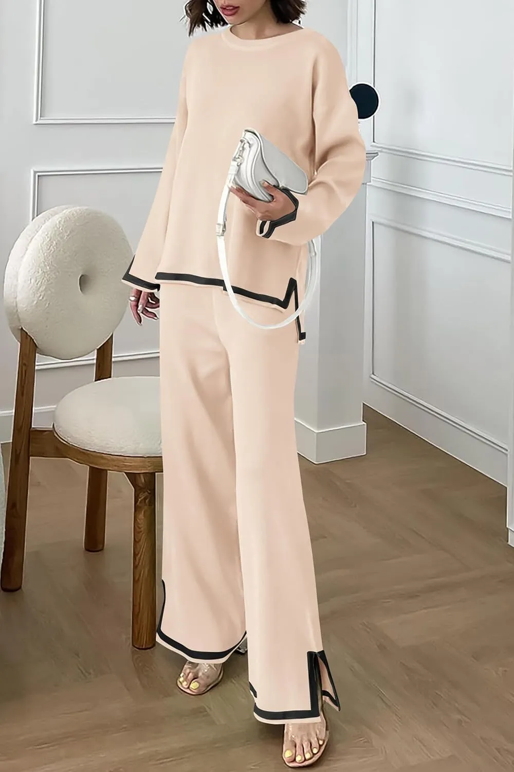 PRETTYGARDEN Women's 2 Piece Knit Sweater Set Casual Long Sleeve Pullover Wide Leg Pants Sweatsuit Tracksuit Outfit