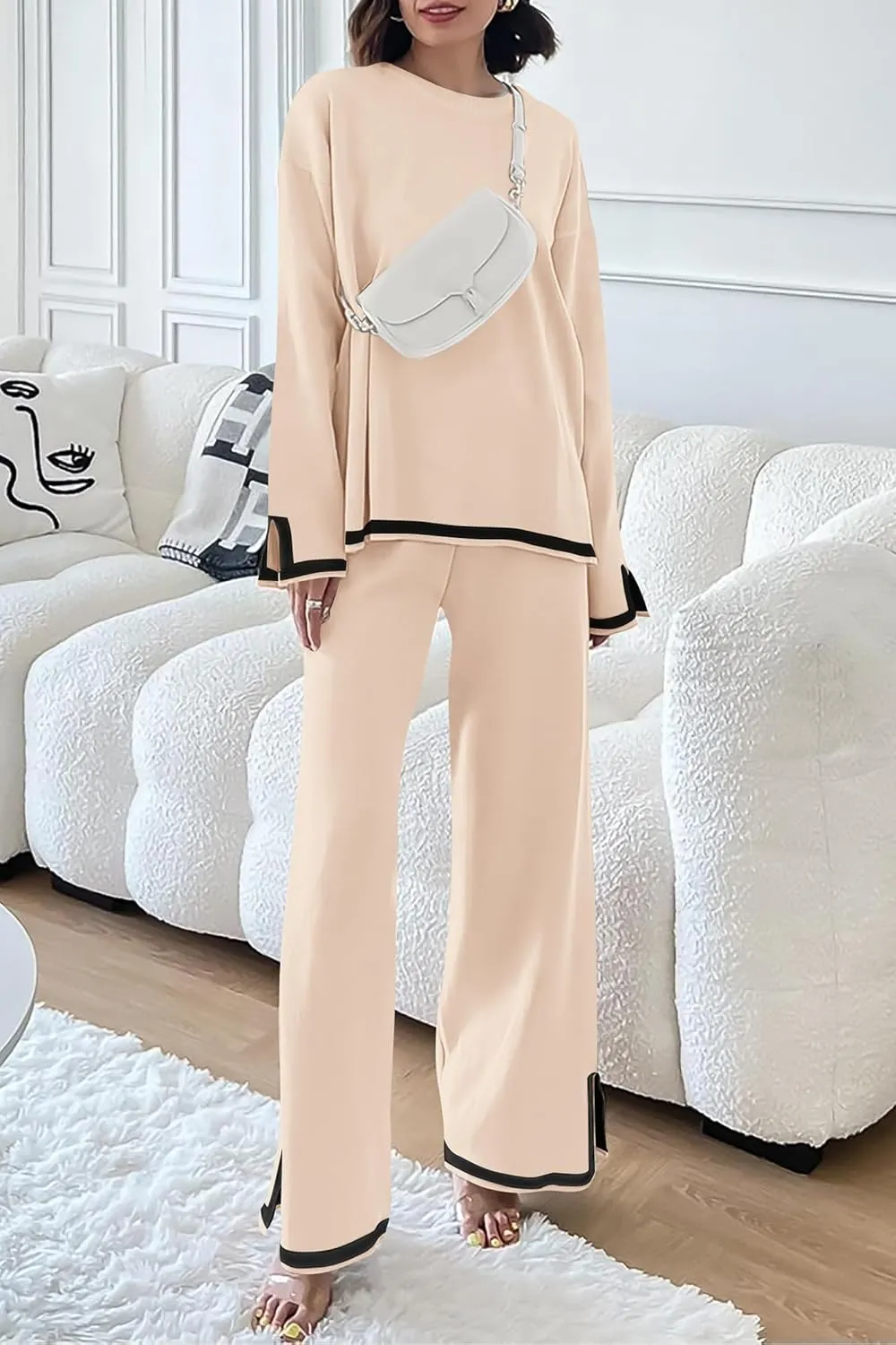 PRETTYGARDEN Women's 2 Piece Knit Sweater Set Casual Long Sleeve Pullover Wide Leg Pants Sweatsuit Tracksuit Outfit