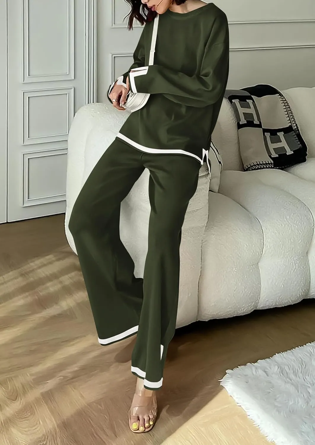 PRETTYGARDEN Women's 2 Piece Knit Sweater Set Casual Long Sleeve Pullover Wide Leg Pants Sweatsuit Tracksuit Outfit