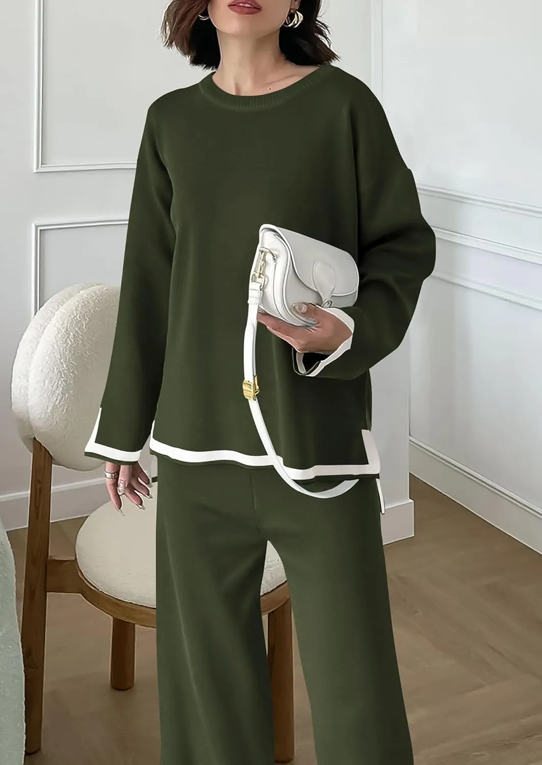 PRETTYGARDEN Women's 2 Piece Knit Sweater Set Casual Long Sleeve Pullover Wide Leg Pants Sweatsuit Tracksuit Outfit