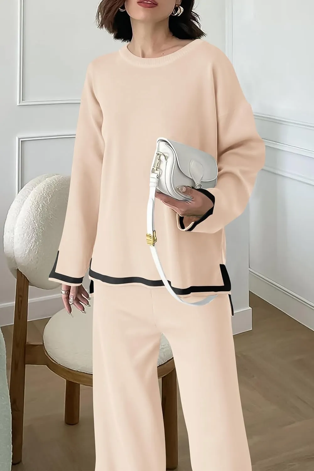 PRETTYGARDEN Women's 2 Piece Knit Sweater Set Casual Long Sleeve Pullover Wide Leg Pants Sweatsuit Tracksuit Outfit