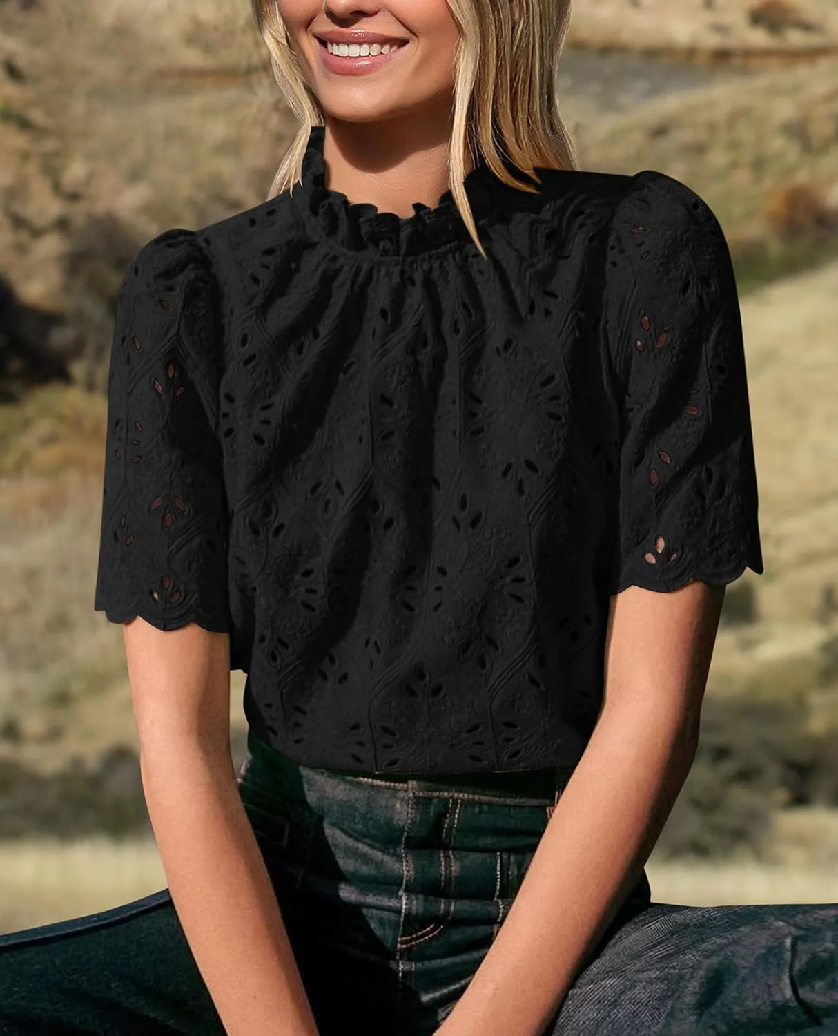 PRETTYGARDEN Womens Summer Tops 2025 Trendy Short Sleeve Eyelet Embroidered Dressy Casual Blouse Shirts