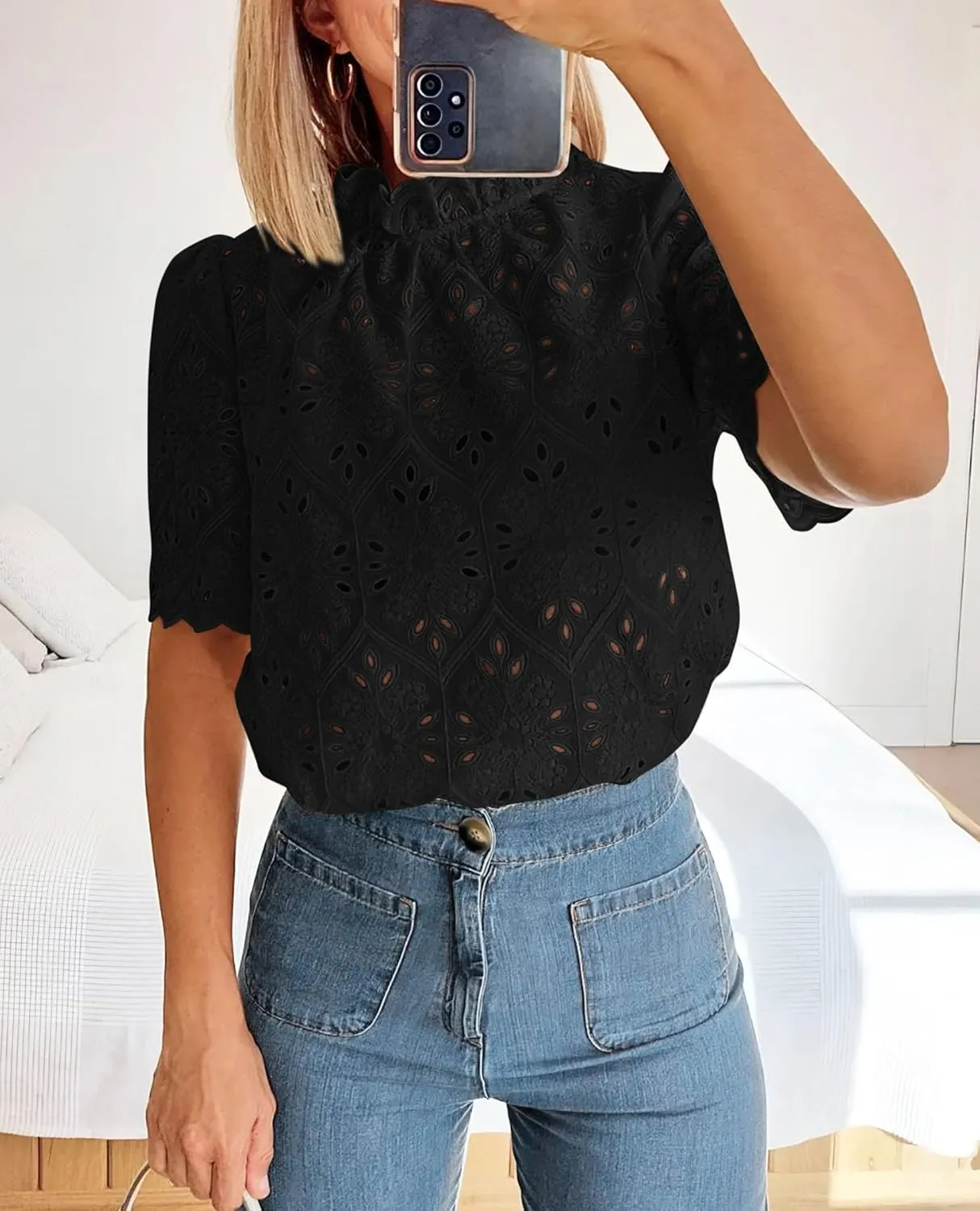 PRETTYGARDEN Womens Summer Tops 2025 Trendy Short Sleeve Eyelet Embroidered Dressy Casual Blouse Shirts