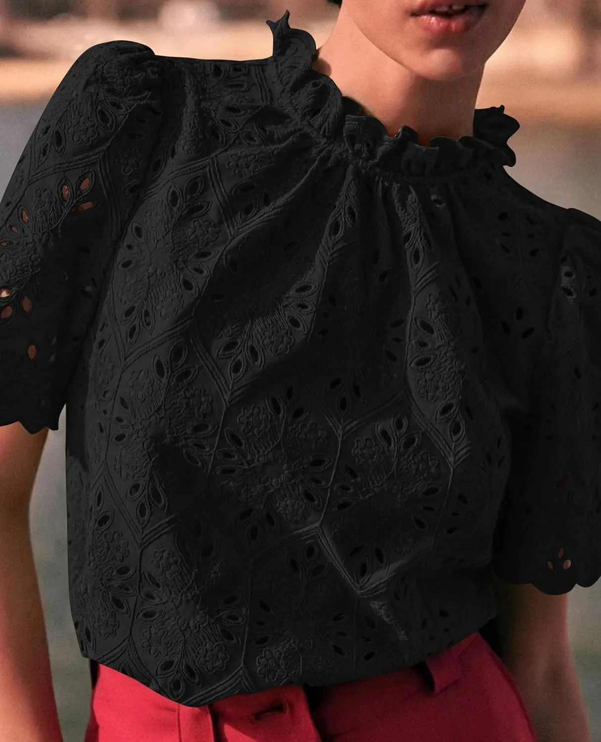 PRETTYGARDEN Womens Summer Tops 2025 Trendy Short Sleeve Eyelet Embroidered Dressy Casual Blouse Shirts