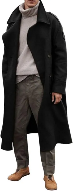 RINTONIX Men's Oversized Notched Long Faux Wool Blend Trench Coat Single Breasted Knee Length Lapel Winter Jacket