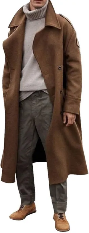 RINTONIX Men's Oversized Notched Long Faux Wool Blend Trench Coat Single Breasted Knee Length Lapel Winter Jacket