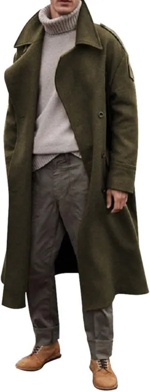 RINTONIX Men's Oversized Notched Long Faux Wool Blend Trench Coat Single Breasted Knee Length Lapel Winter Jacket