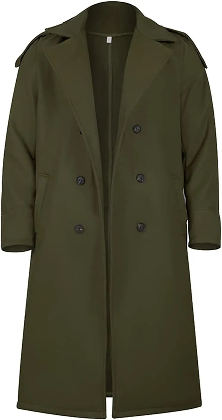 RINTONIX Men's Oversized Notched Long Faux Wool Blend Trench Coat Single Breasted Knee Length Lapel Winter Jacket