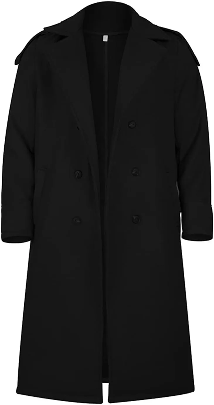 RINTONIX Men's Oversized Notched Long Faux Wool Blend Trench Coat Single Breasted Knee Length Lapel Winter Jacket
