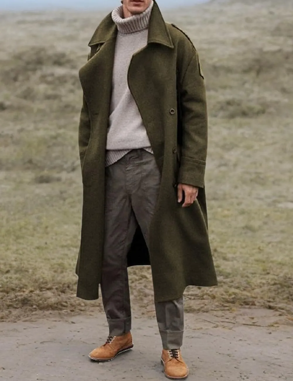 RINTONIX Men's Oversized Notched Long Faux Wool Blend Trench Coat Single Breasted Knee Length Lapel Winter Jacket