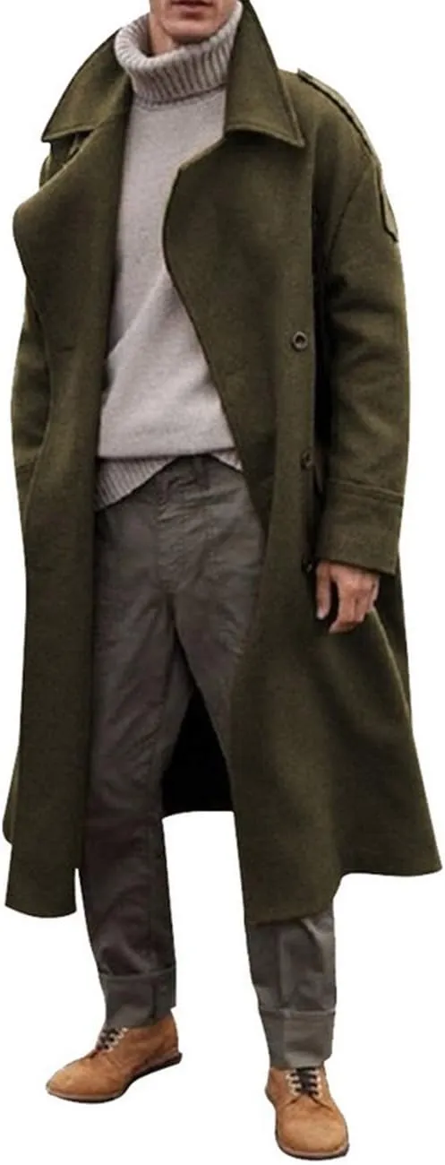 RINTONIX Men's Oversized Notched Long Faux Wool Blend Trench Coat Single Breasted Knee Length Lapel Winter Jacket