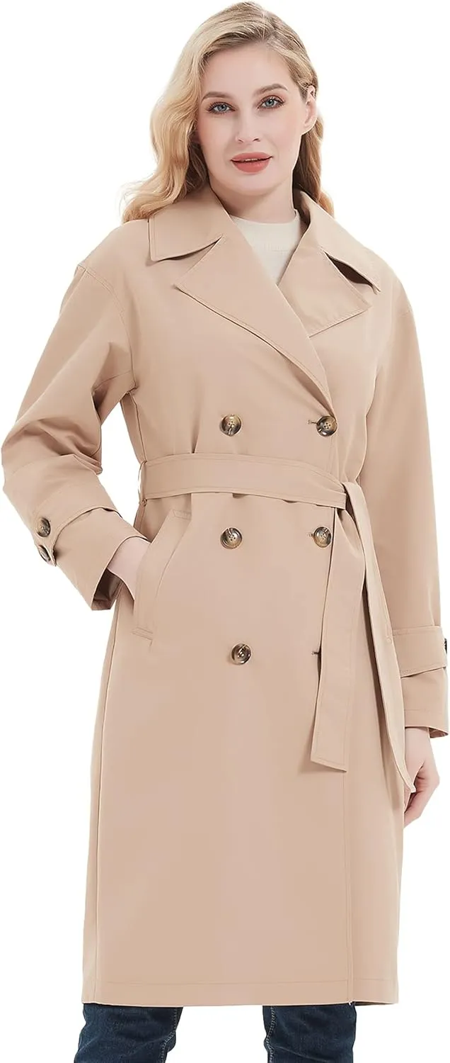 RISISSIDA Women Trench Coats, Water Resistant Double Breasted Long Jacket Belted