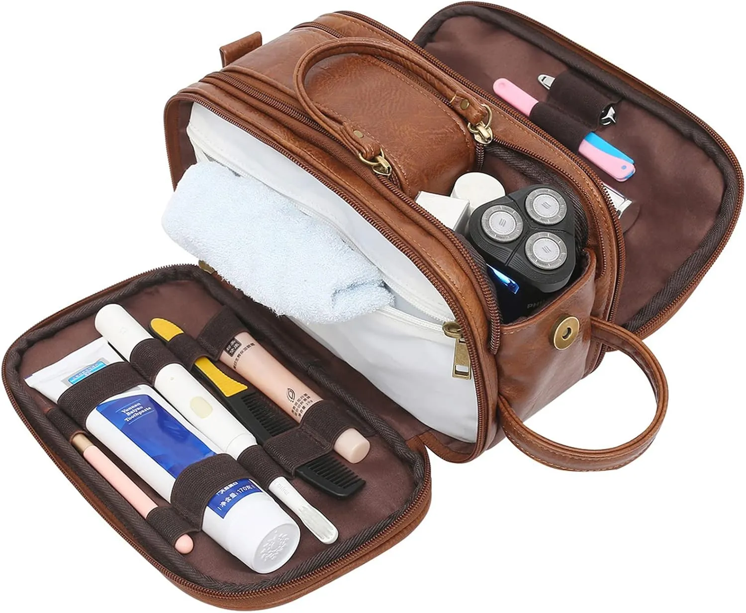 rismart Men's Travel Toiletry Bag Pu Leather Water Resistant Organizer Travel Kit