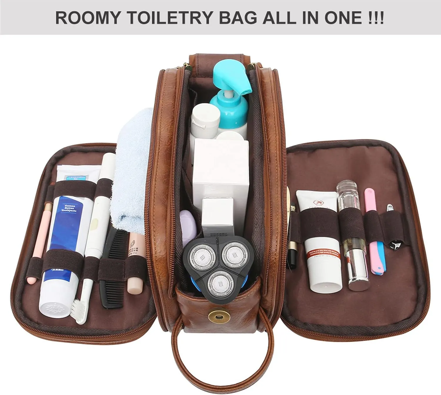 rismart Men's Travel Toiletry Bag Pu Leather Water Resistant Organizer Travel Kit