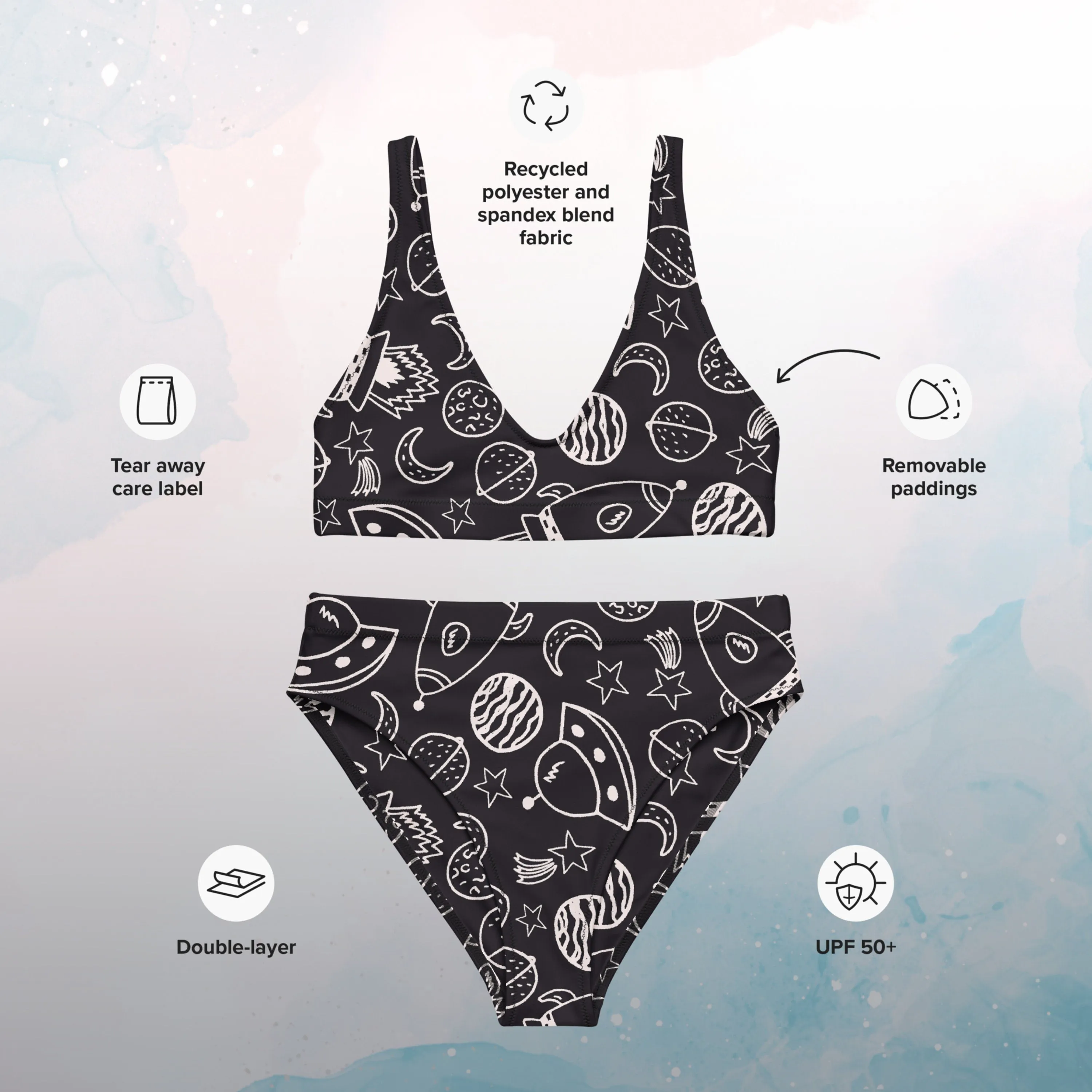 Rocket Ships and Planets Womens Recycled High Waisted Bikini Set