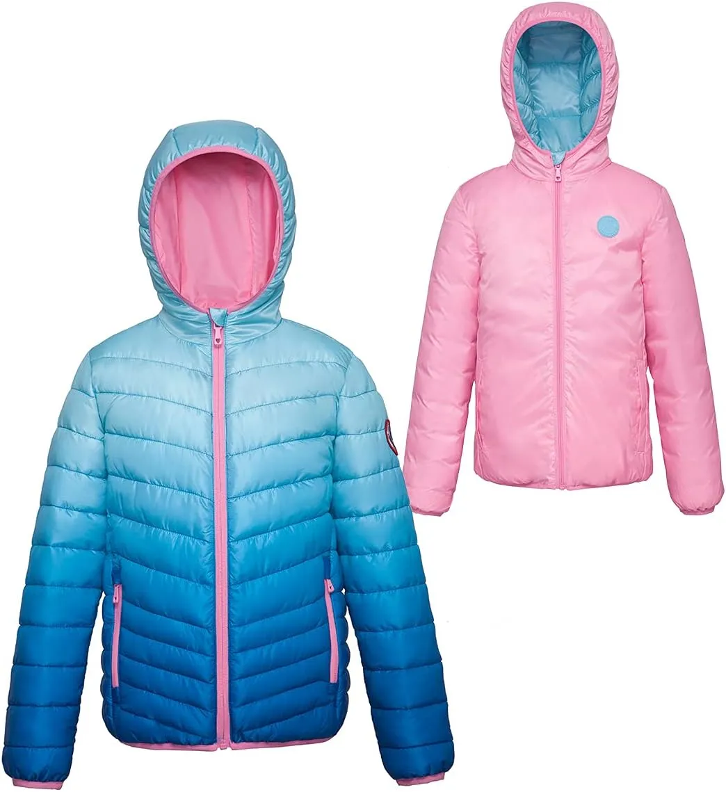 Rokka&Rolla Girls' Reversible Lightweight Puffer Jacket Hooded Water-Resistant Winter Coat