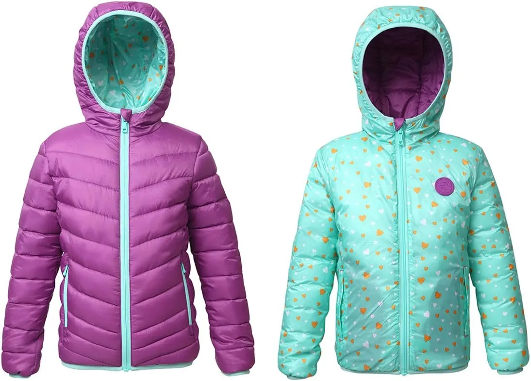Rokka&Rolla Girls' Reversible Lightweight Puffer Jacket Hooded Water-Resistant Winter Coat