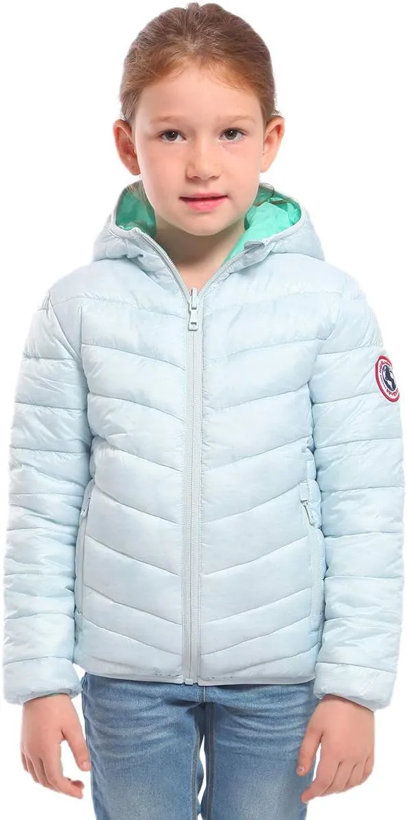 Rokka&Rolla Girls' Reversible Lightweight Puffer Jacket Hooded Water-Resistant Winter Coat