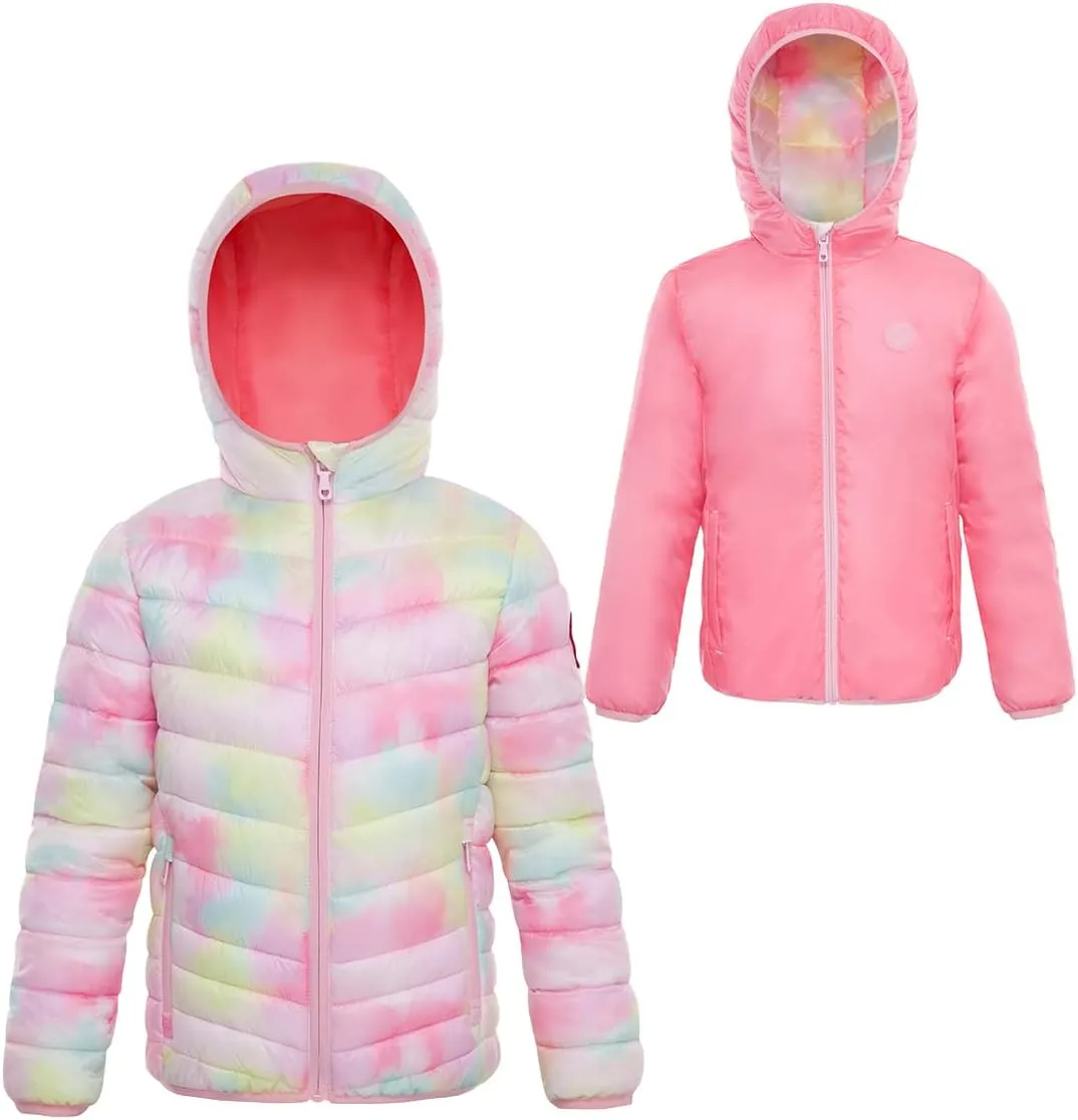 Rokka&Rolla Girls' Reversible Lightweight Puffer Jacket Hooded Water-Resistant Winter Coat
