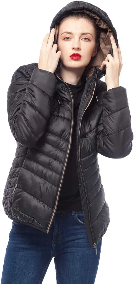 Rokka&Rolla Women's Lightweight Puffer Jacket Water-Resistant Hooded Winter Coat