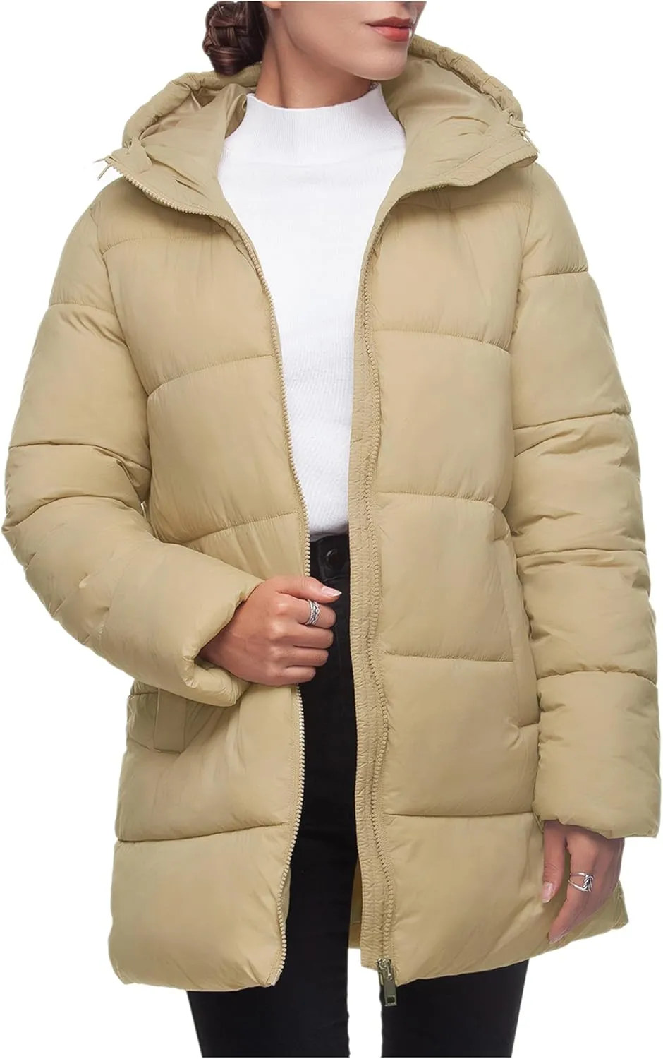 Rokka&Rolla Women's Lightweight Water-Resistant Puffer Jacket Hooded Winter Long Coat