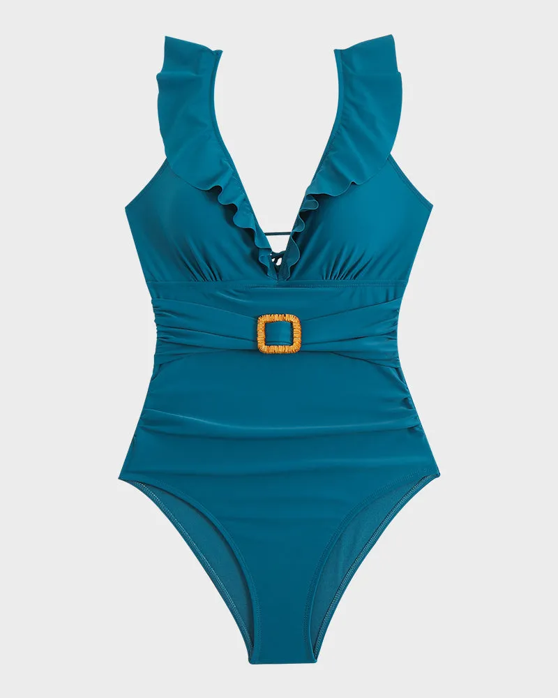Ruched Swimsuit with Deep V Neckline, Ruffled Sleeves, and Belt Detail