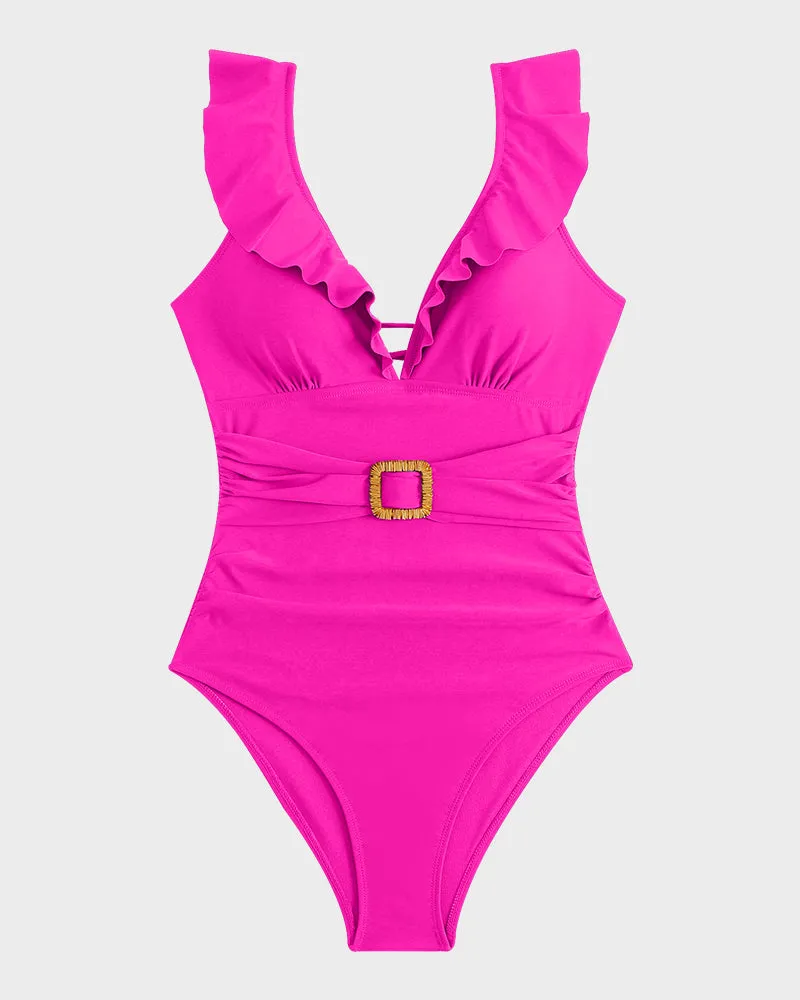 Ruched Swimsuit with Deep V Neckline, Ruffled Sleeves, and Belt Detail
