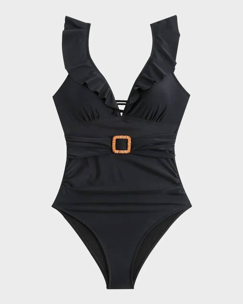 Ruched Swimsuit with Deep V Neckline, Ruffled Sleeves, and Belt Detail